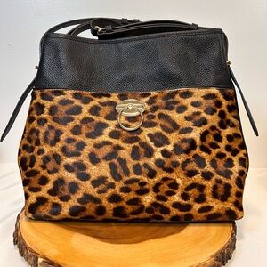 TALBOTS Leopard Print and Black Leather Boho Chic Hobo Women's Slouchy Handbag